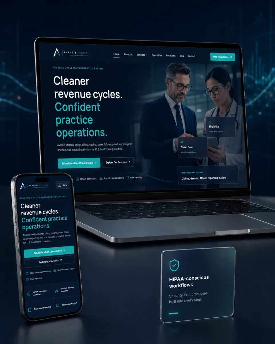 Avantis Medical billing website design on laptop and mobile with teal healthcare operations dashboard styling