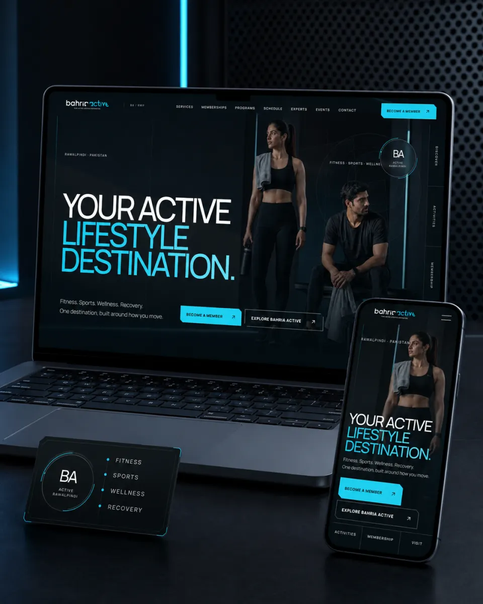 Bahria Active fitness and wellness website design shown on laptop and mobile with blue premium sports branding