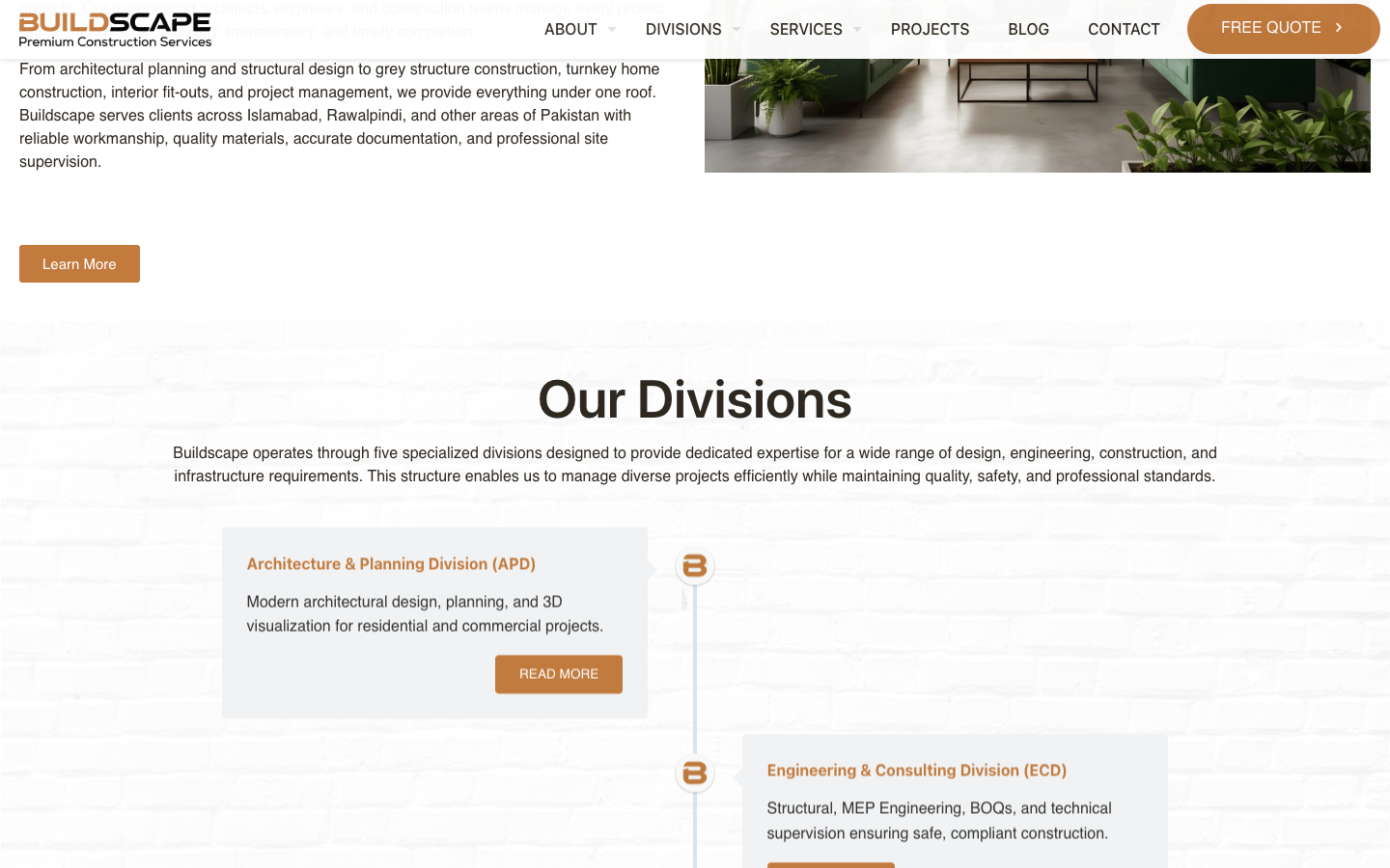 Buildscape live website section showing architecture and engineering divisions with copper brand accents