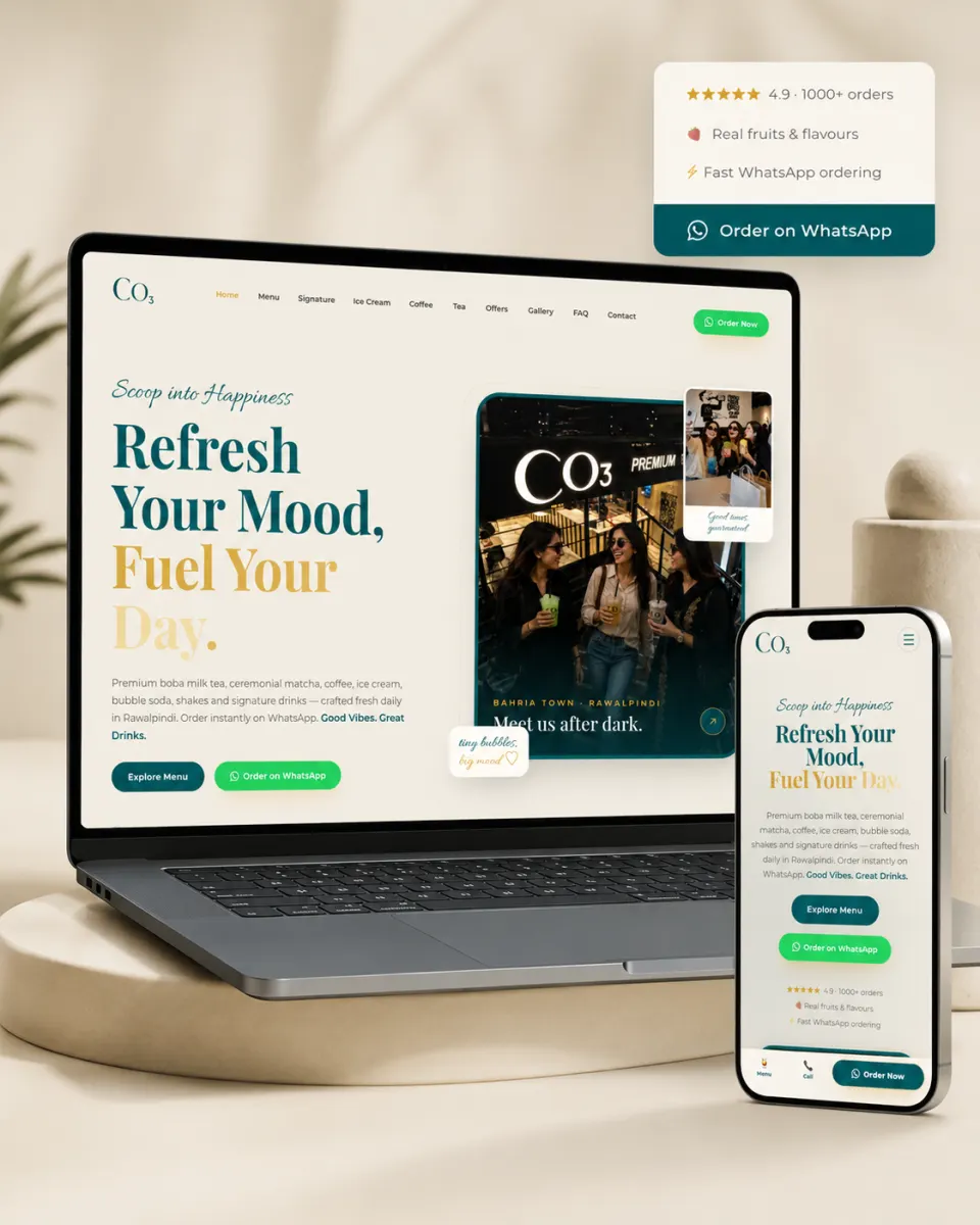 CO3 Premium drinks website design displayed on laptop and mobile with WhatsApp ordering and cream green brand palette