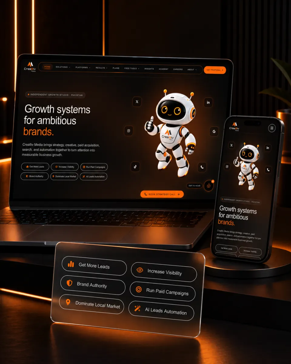 Crea8iv Media growth system website design shown on laptop and mobile screens with luxury orange branding