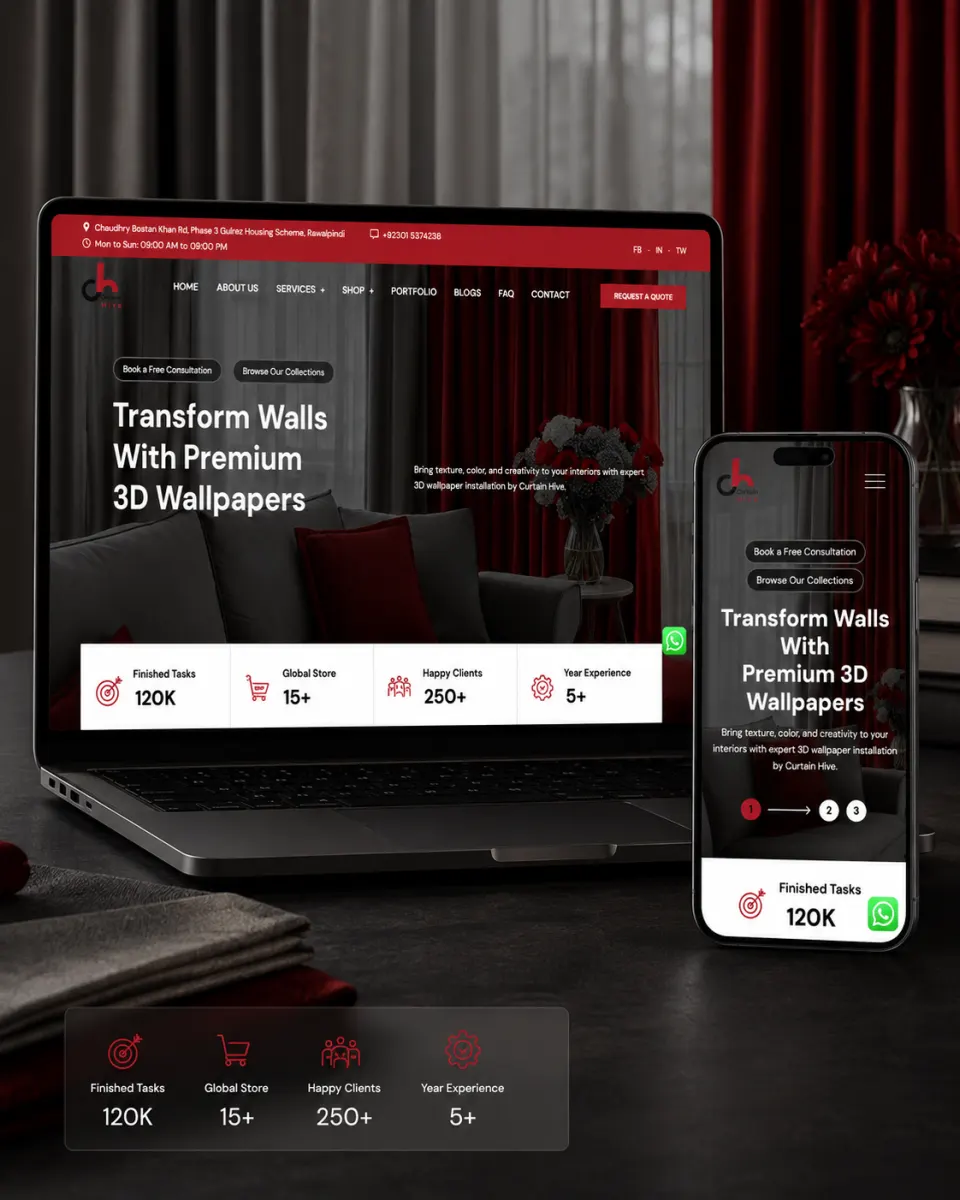 Curtain Hive premium 3D wallpaper website design displayed on laptop and mobile with red and charcoal interior styling