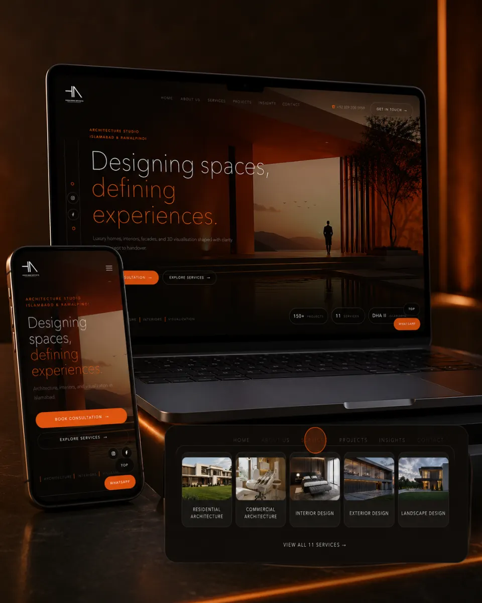 Hassan Nawaz Architects luxury architecture website shown on laptop and mobile with orange architectural lighting