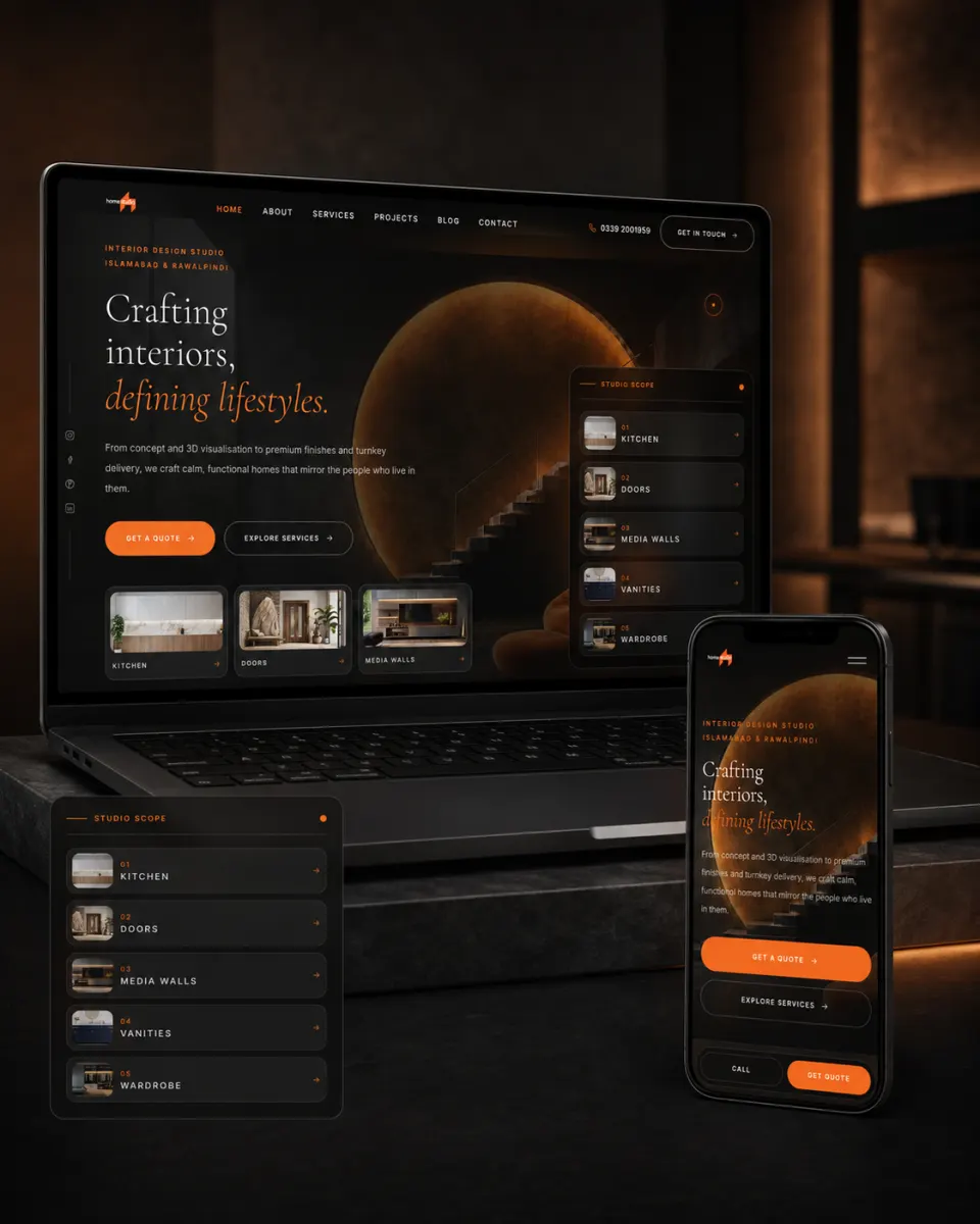 Home Studio interior design website shown on laptop and mobile with luxury charcoal and orange project cards